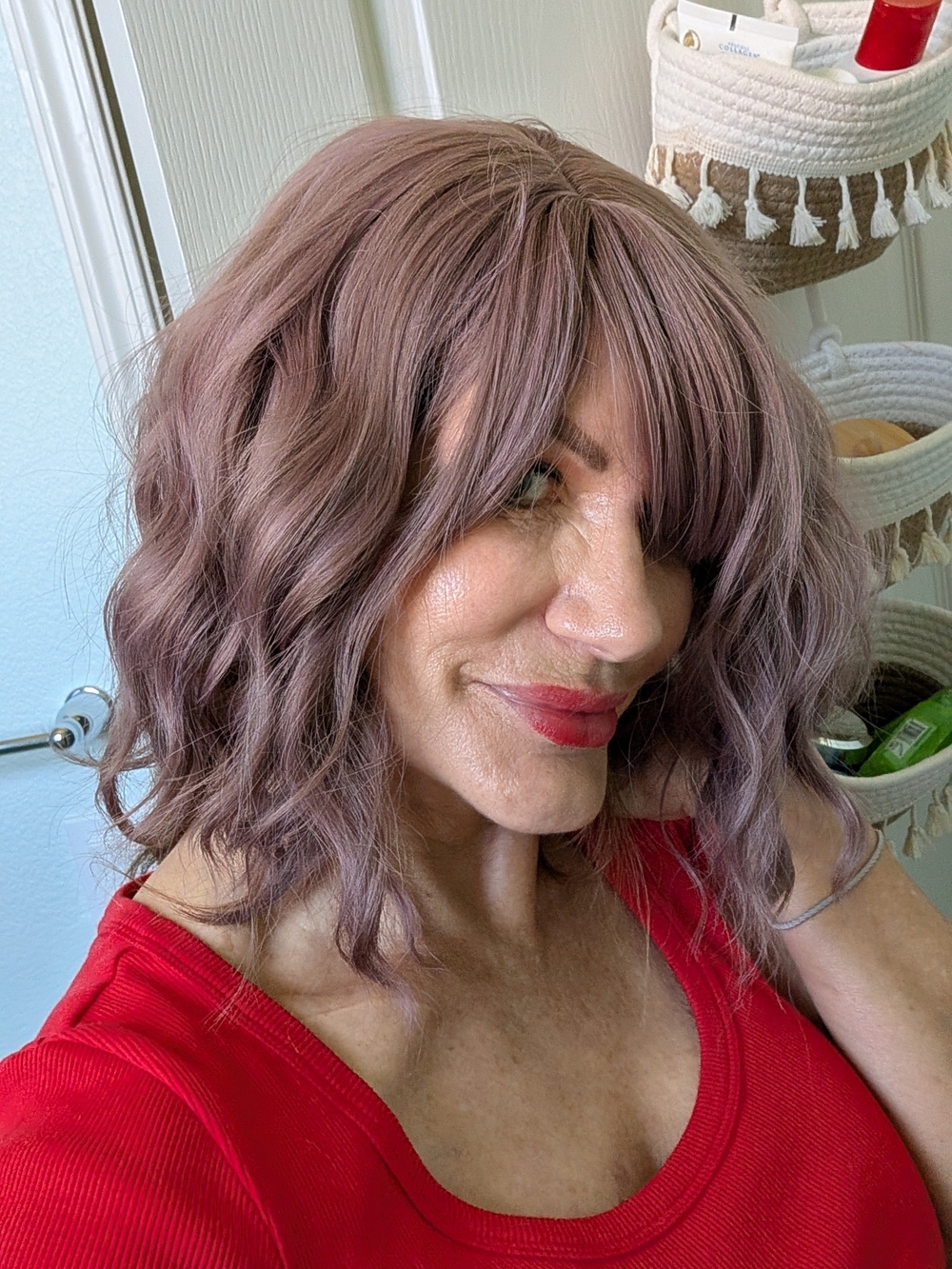 Wavy Shoulder-Length Synthetic Wig in Dusty Rose